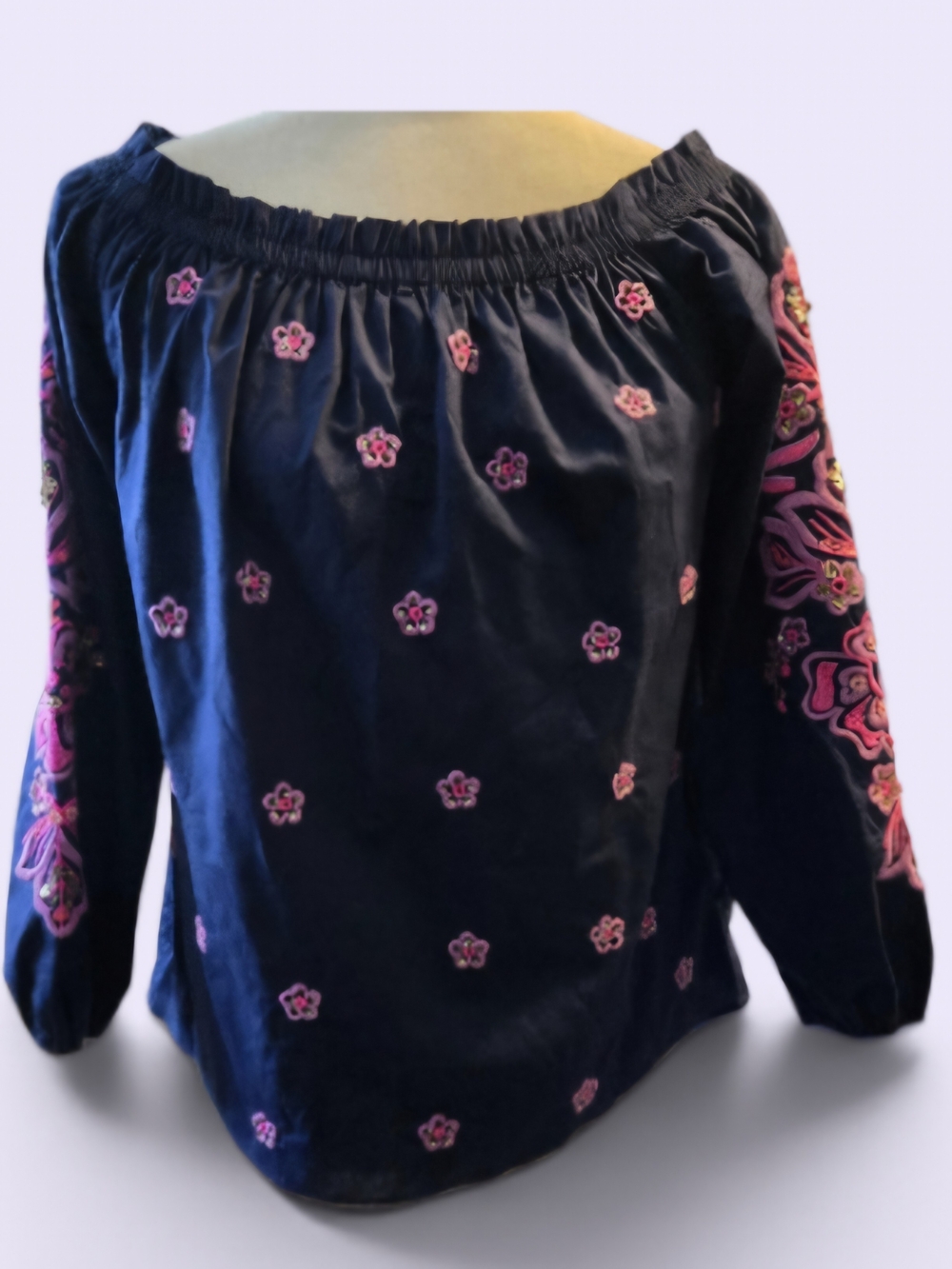 Lilly Pulitzer Navy Off-Shoulder Top with Pink Embroidery